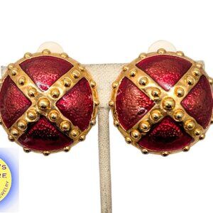 Vintage 1980s Signed Escada Round Domed Red Enamel Clip Earrings
